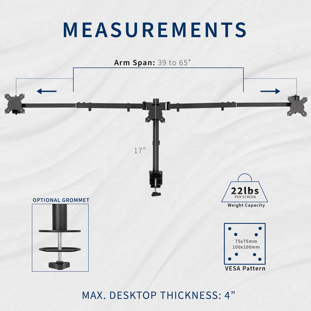 Telescoping Triple Computer Monitor Desk Mount, Heavy Duty Stand - Image 3