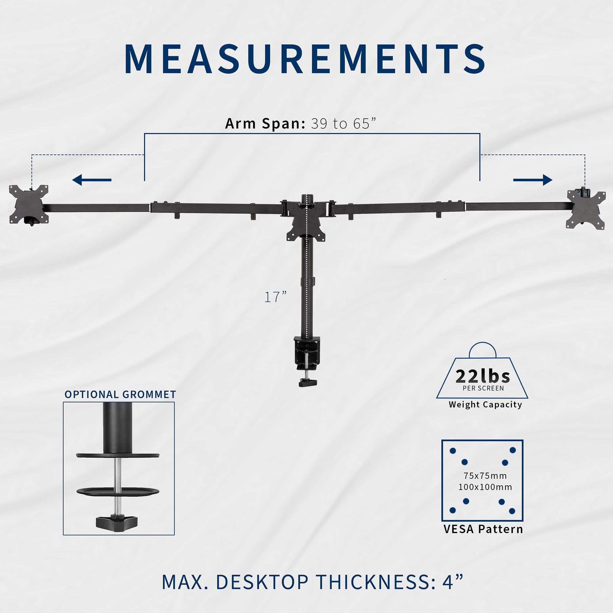 Telescoping Triple Computer Monitor Desk Mount, Heavy Duty Stand - Image 3