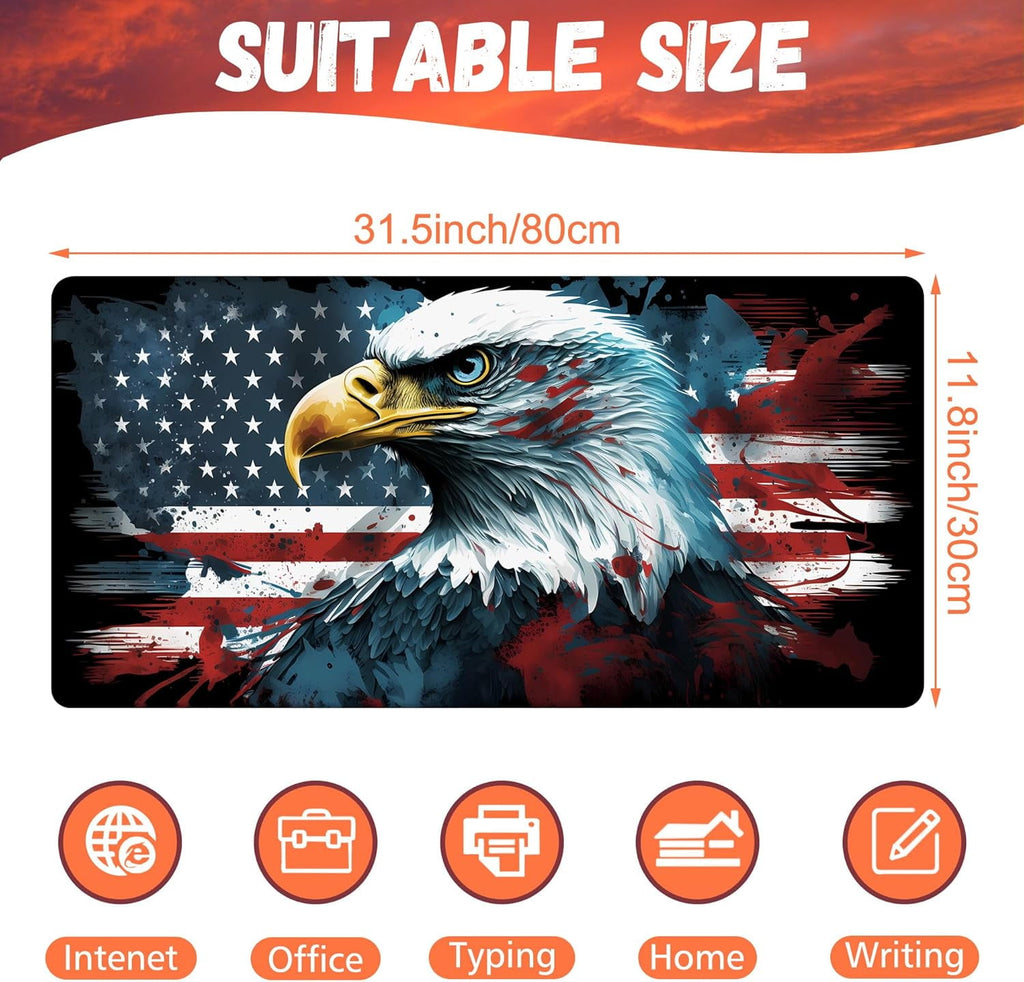 Desk Mat, Bald Eagle American Flag Desk Pad, USA Flag Large Gaming Mouse Pad for Desk, 31.5"x15.7" Extended Big Compu... - Image 2