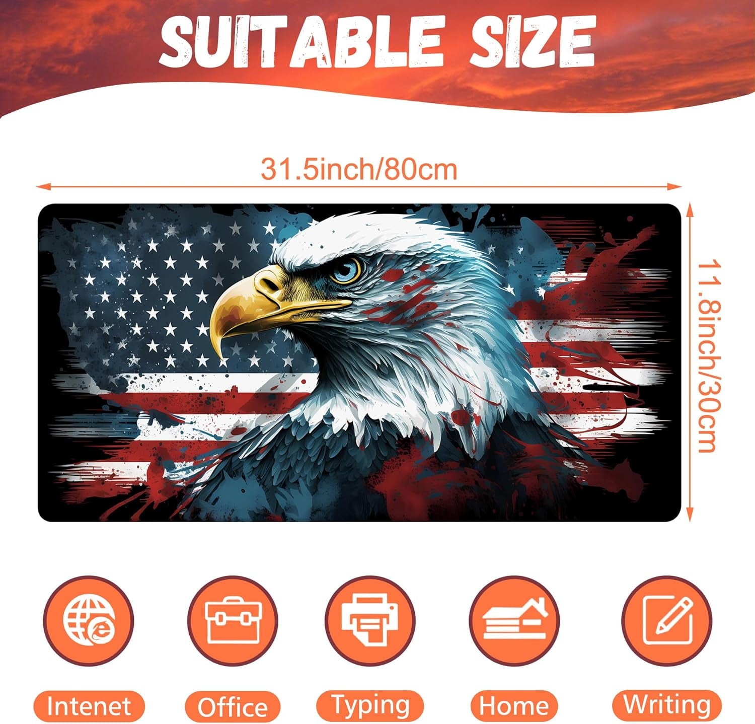 Desk Mat, Bald Eagle American Flag Desk Pad, USA Flag Large Gaming Mouse Pad for Desk, 31.5"x15.7" Extended Big Compu... - Image 2