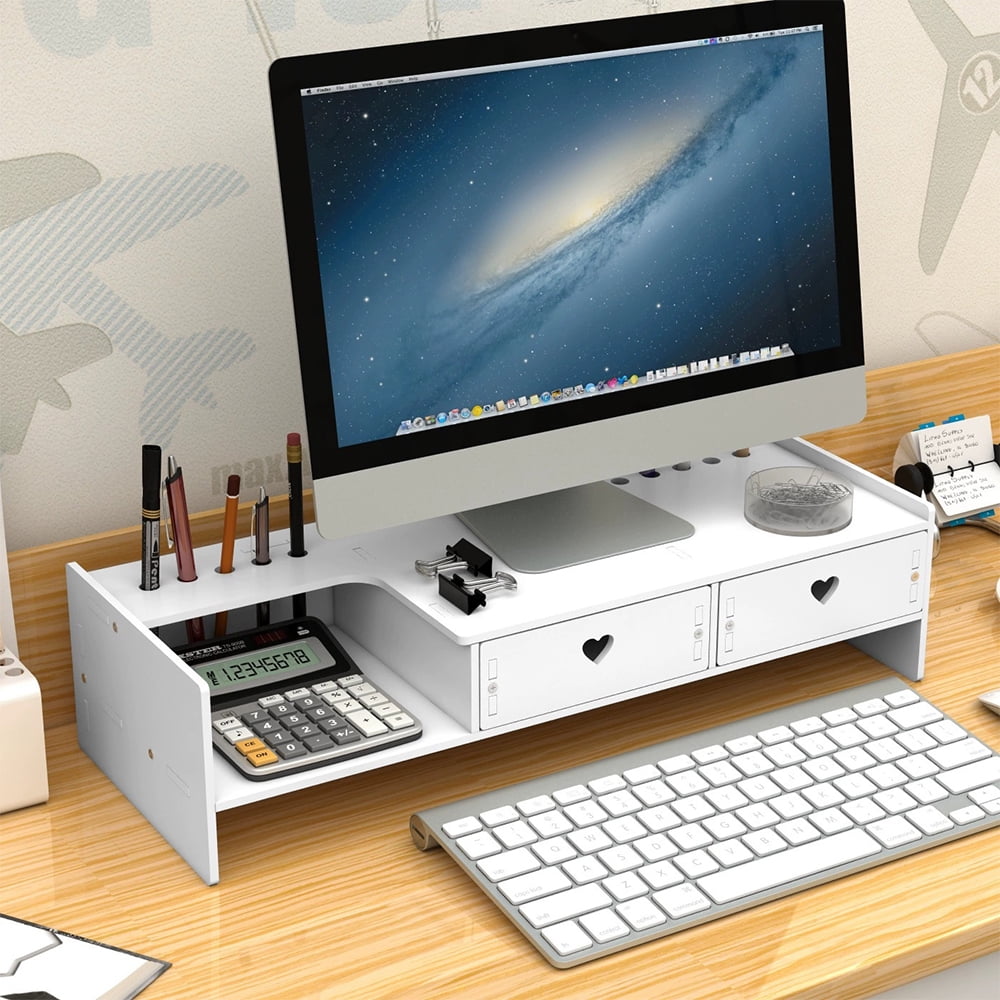 Desk Monitor Stand Riser with Organizer Tray, Desktop Shelf with Two Drawer, White - Image 2