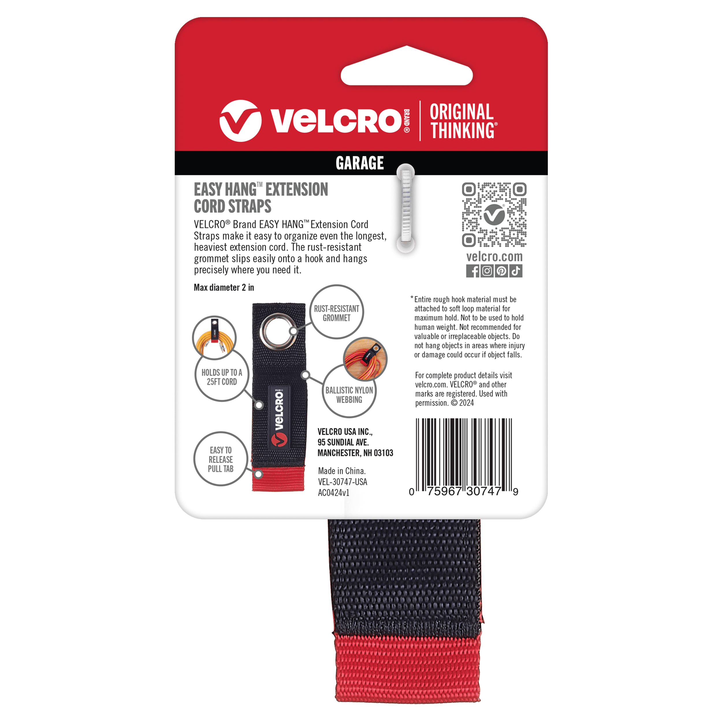 VELCRO Brand EASY HANG Extension Cord Organizer, 2pk Black Heavy Duty Nylon & Polyethylene Straps for Bulk Storage, Small 10 in Wall Hang, H - Image 6