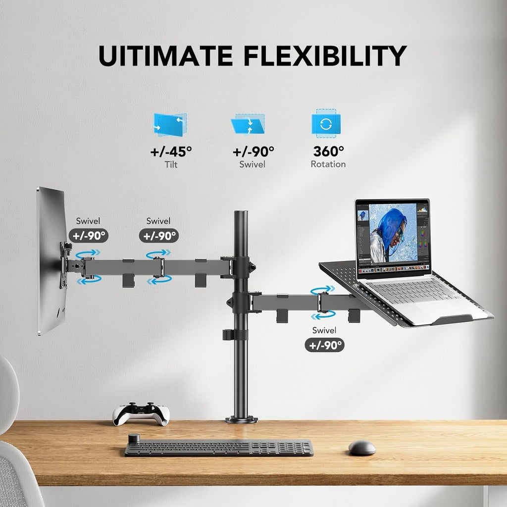 Adjustable Monitor Stand, Single Arm Desk Mount for 32 inch Screen and 17 inch Laptop, Heavy Duty Ergonomic Bracket H... - Image 4