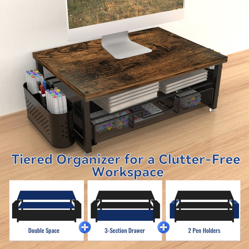 3-Tier Wooden Monitor Stand Riser with Drawer and Pen Holders, Desk Organizer and Accessories for Laptop, Office, Dor... - Image 4