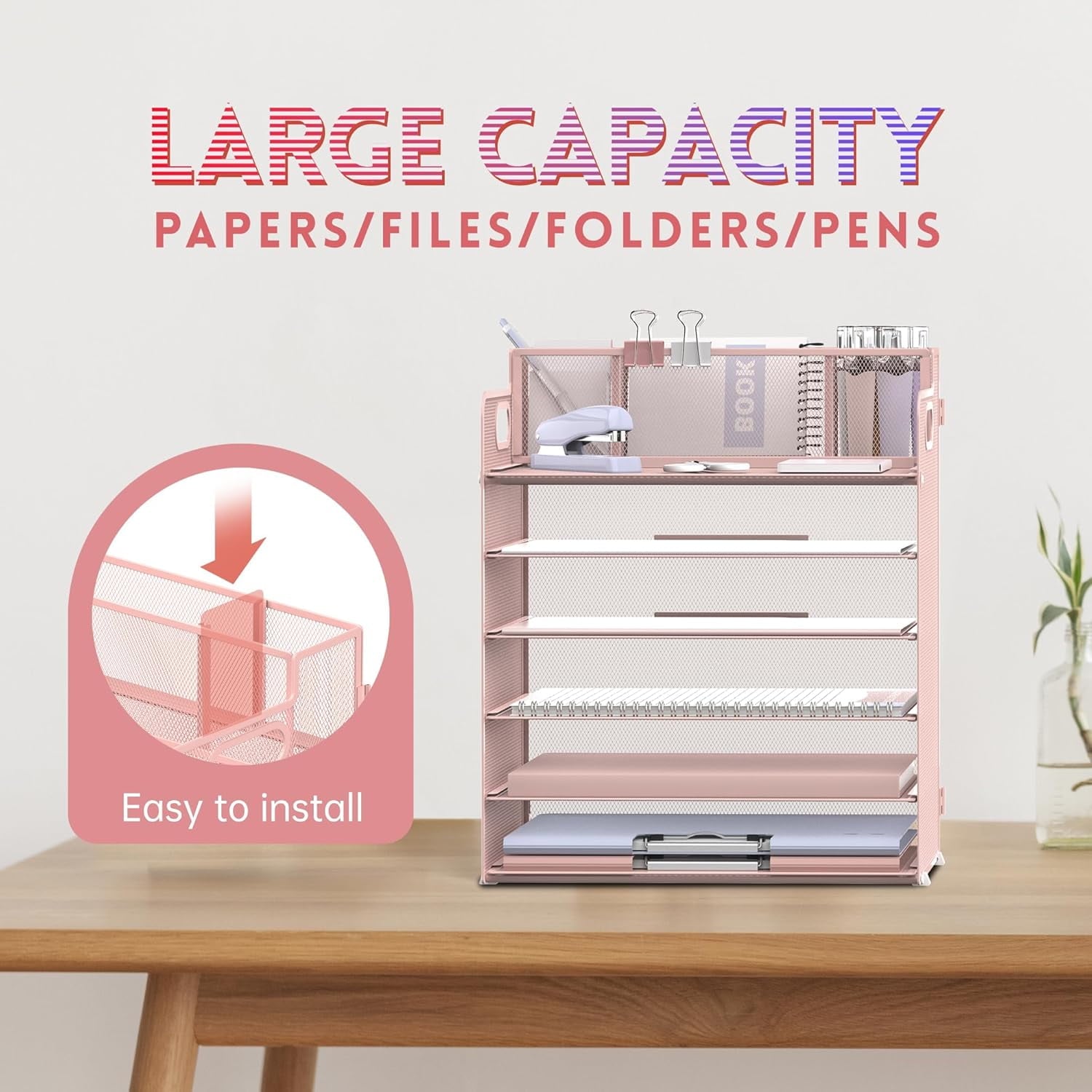 6-Tier Desk Organizer, Metal Desktop Paper Tray with 3 Pen Holders, Desktop Organizer for Home Office - Image 3