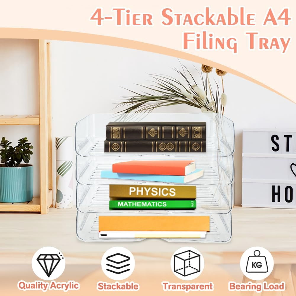 IBQUEM 4 Tier Desk Letter Tray Set, Clear Stackable Document Organizer,A4 Size Acrylic Desk Organizers, Tidy File Pap... - Image 4