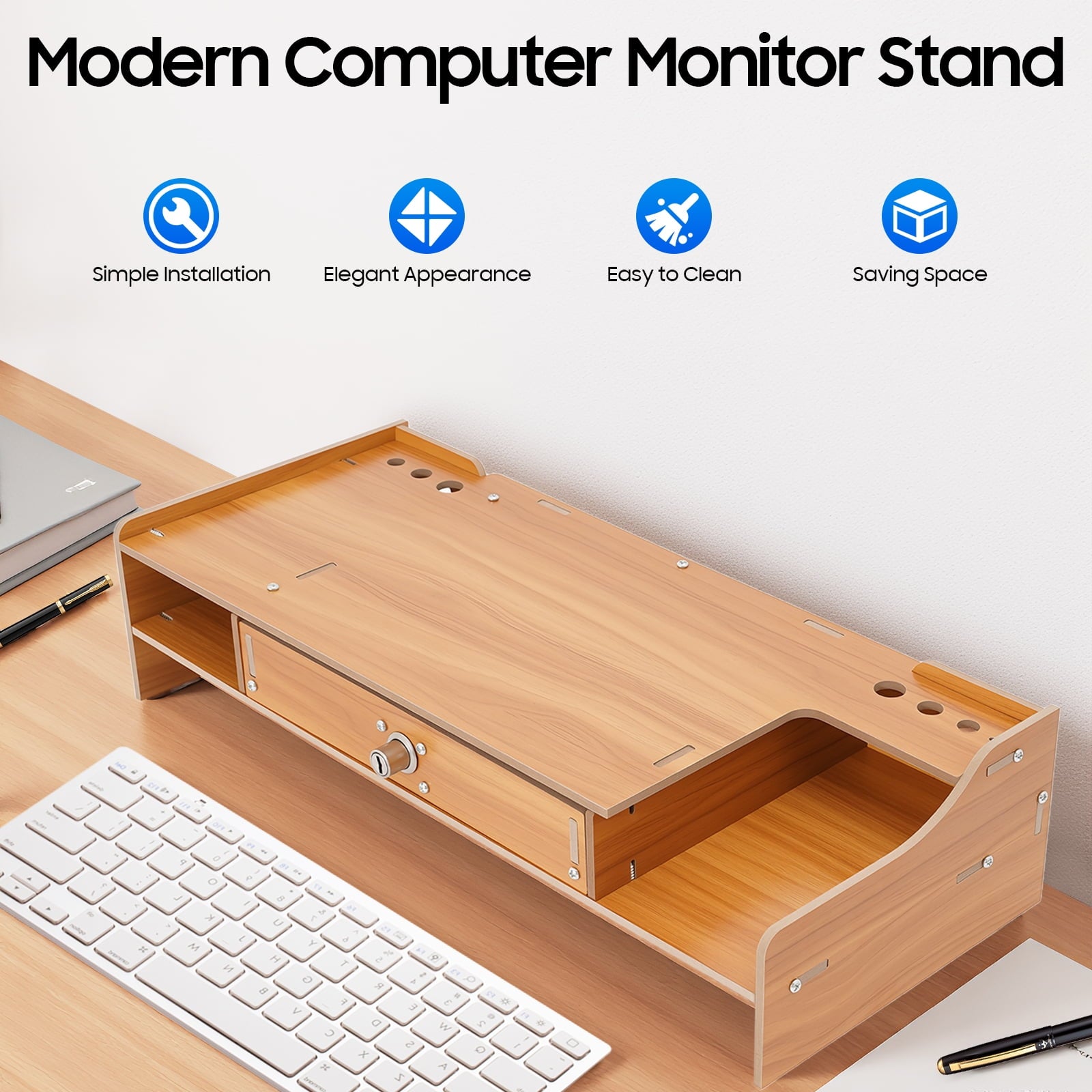 Computer Rack with Lockable Drawer,Space-Saving MDF Riser Computer Monitor Stand, Home/Office Desk Organizer - Image 3