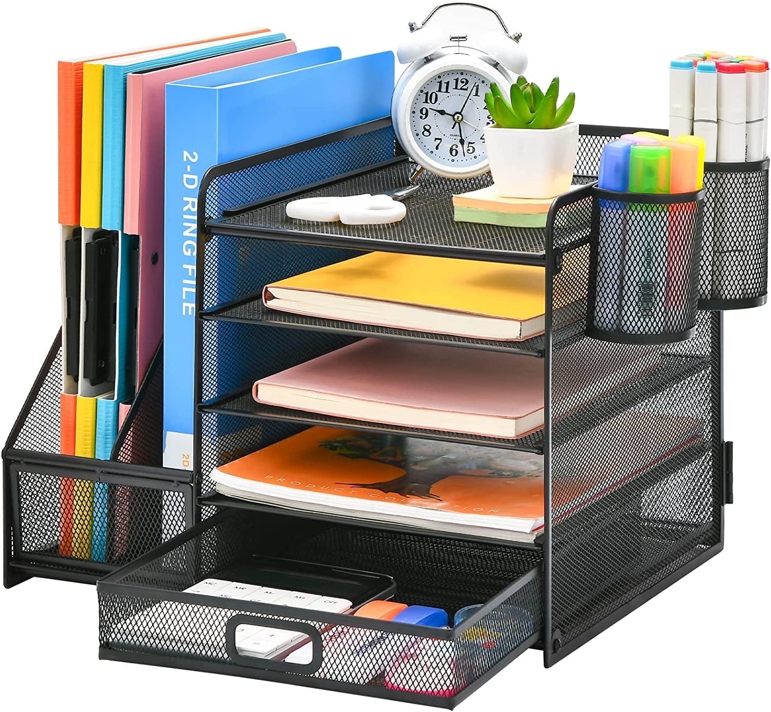 Marbrasse Metal Mesh 5-Tier Desk Organizer with File Holder, Drawer, Pen Holders - Vertical Tray for Office Supplies