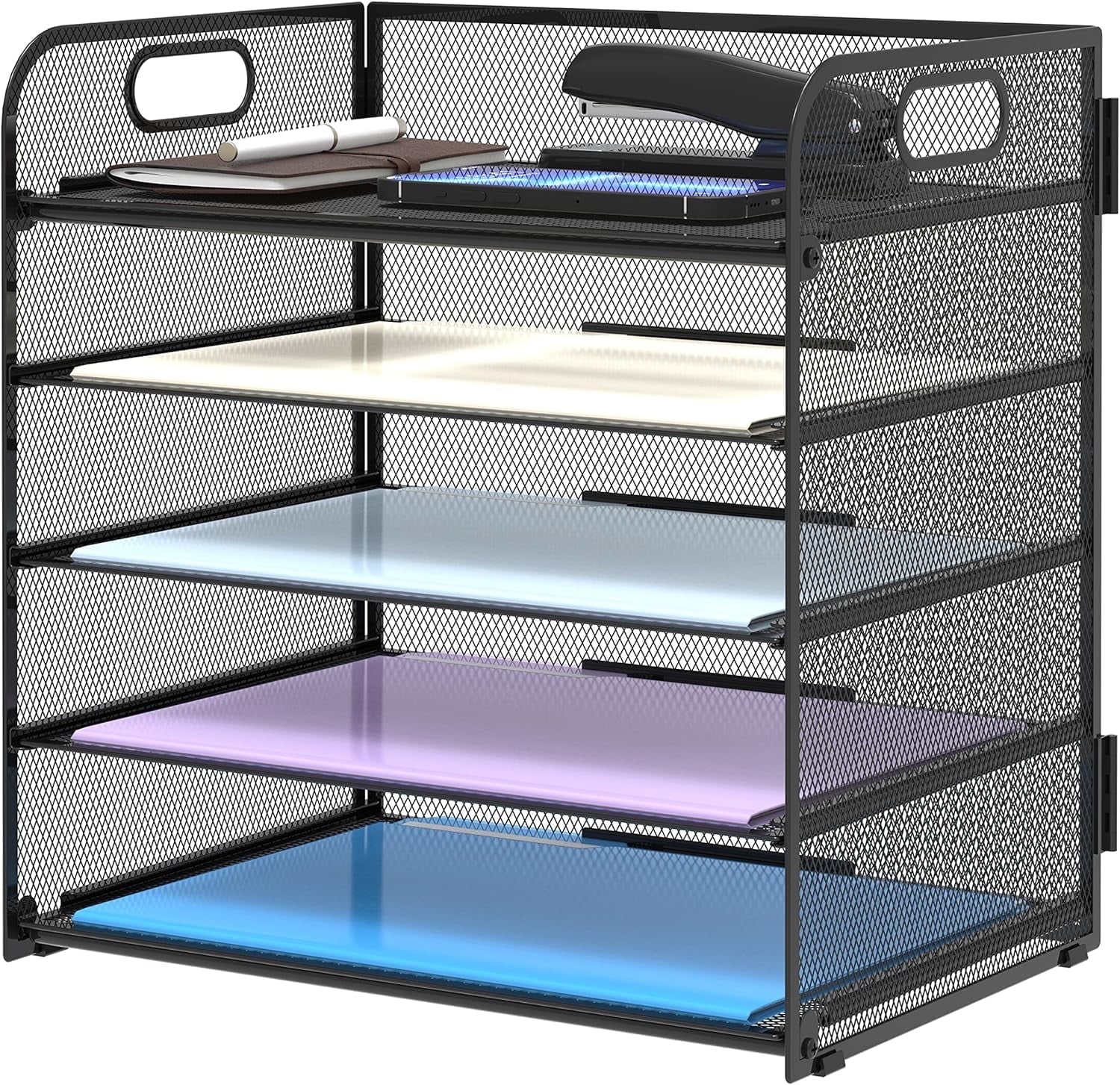 5 Paper Organizer with Handle - Mesh Desk File/Letter Organizer,Black Paper Sorter for Office, Home
