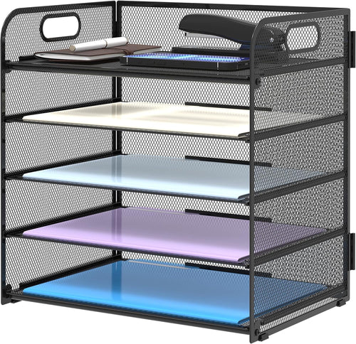 5 Paper Organizer with Handle - Mesh Desk File/Letter Organizer,Black Paper Sorter for Office, Home