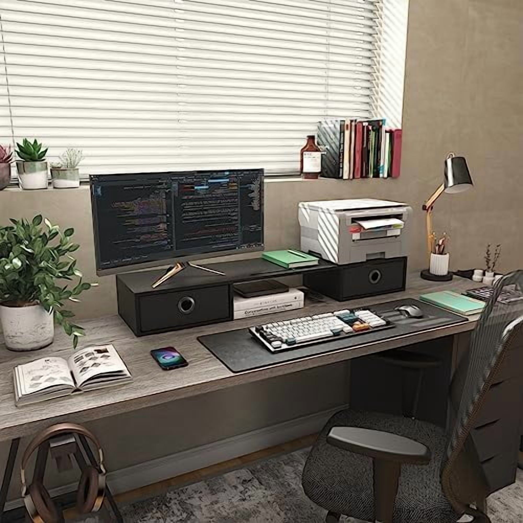 Dual Monitor Stand Riser with Two Drawers, Extra Large Storage Monitor Stand for 2 Monitors, Desktop Oraganizer Stand... - Image 6