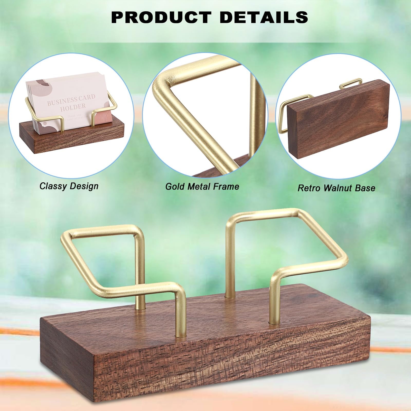 Wooden Business Card Holder for Desk - Elegant Walnut & Gold Metal Card Display Stand - Stylish Tabletop Business Car... - Image 3