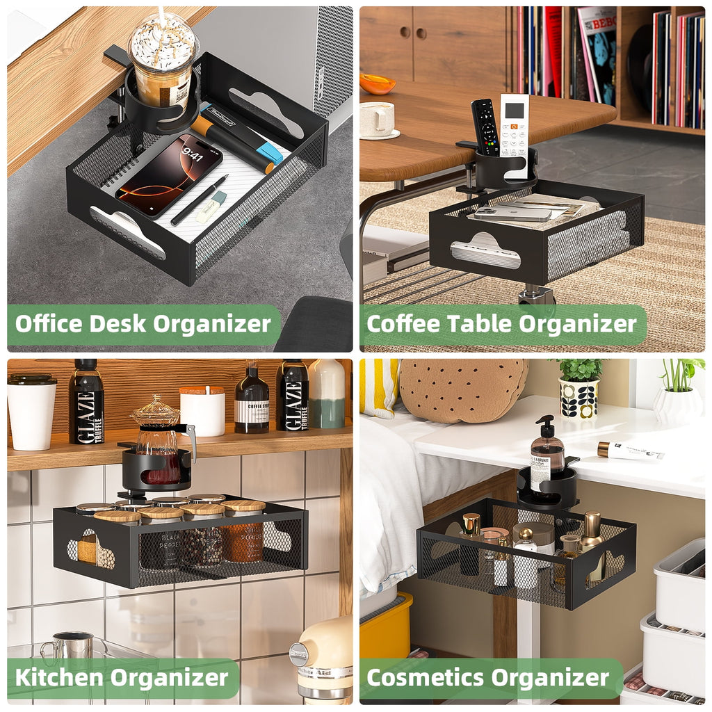 Bemico 360Rotation Under Desk Drawer Organizer with Cup Holder, Clamp-On Metal Large Under Table Storage Slide Out Caddy Drawer for Home & O - Image 6