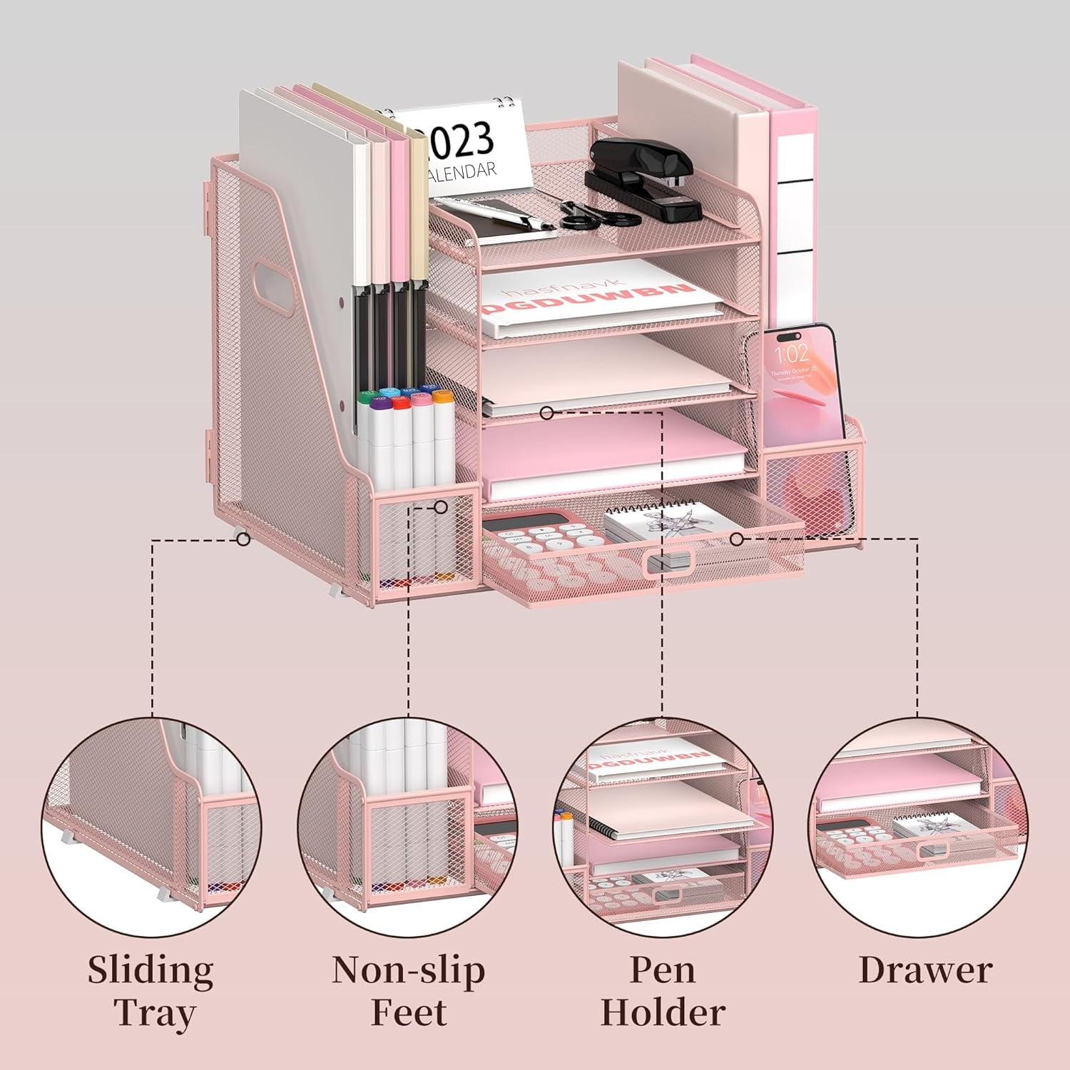 5-Tier Metal Mesh Desk Document Organizer with File Holder, Pen Holder and Drawer, Pink - Image 5