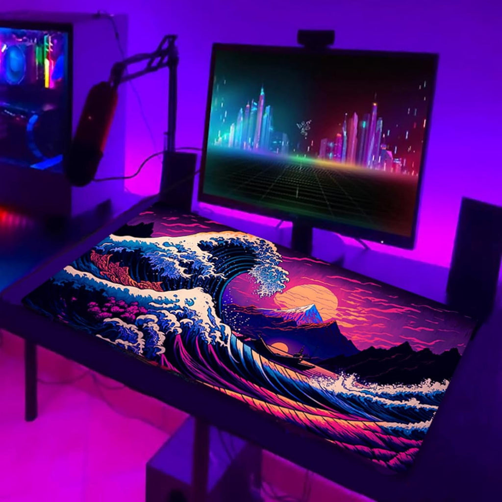 Japanese Sea Wave Mouse Pad, Blacklight Kanagawa Gaming Waterproof Extended Large Desk Pad Long Computer Keyboard Big... - Image 4
