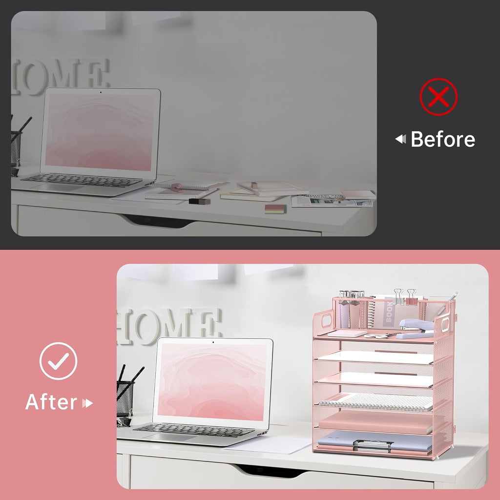 6-Tier Desk Organizer, Metal Desktop Paper Tray with 3 Pen Holders, Desktop Organizer for Home Office - Image 6