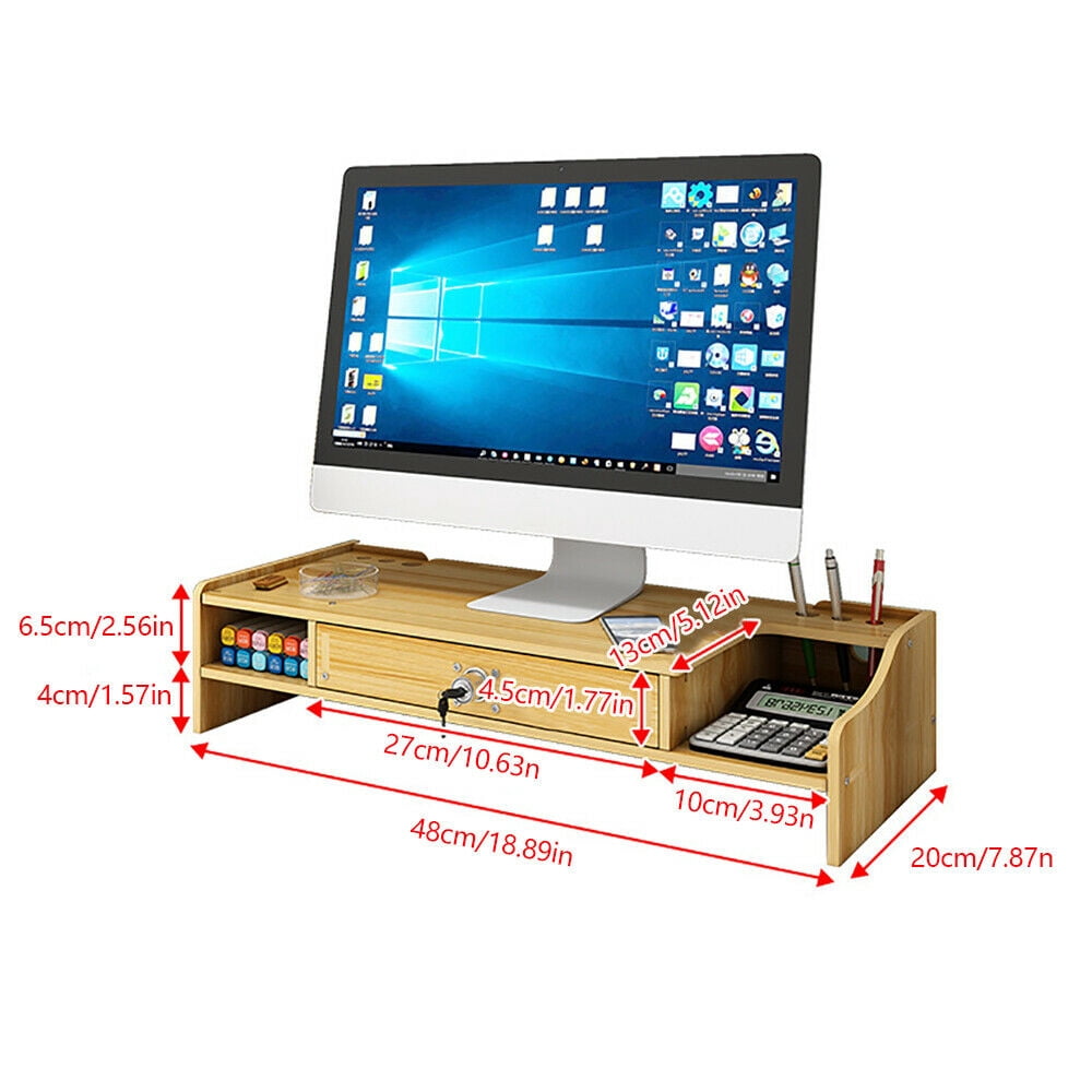 Loyalheartdy Computer Monitor Riser Stand Cherry Wood Color Density Board Laptop Shelf W/ Lockable Drawer for Home, Office - Image 4