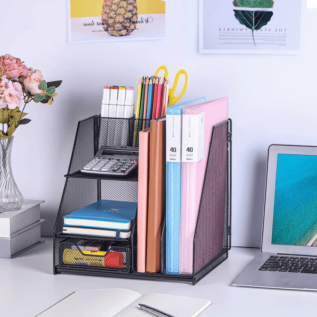 Marbrasse Desk Organizer with File Holder, 3-Tier Paper Letter Tray Organizer with Drawer and Pen Holder, Mesh Deskto... - Image 6