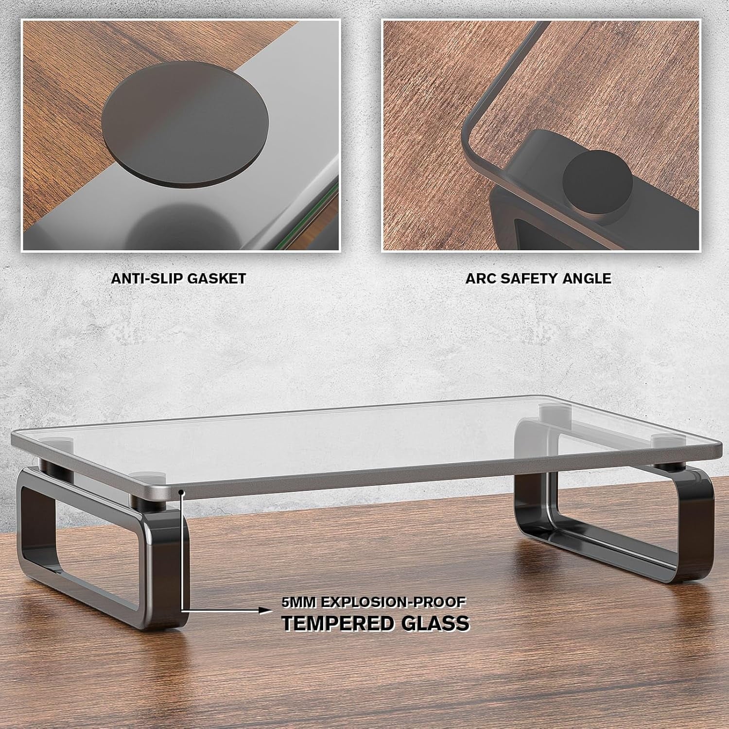 Computer Monitor Stand Riser Multi Media Desktop Stand for Flat Screen LCD LED TV, Laptop/Notebook, with Tempered Glass and Metal Legs, Blac - Image 3