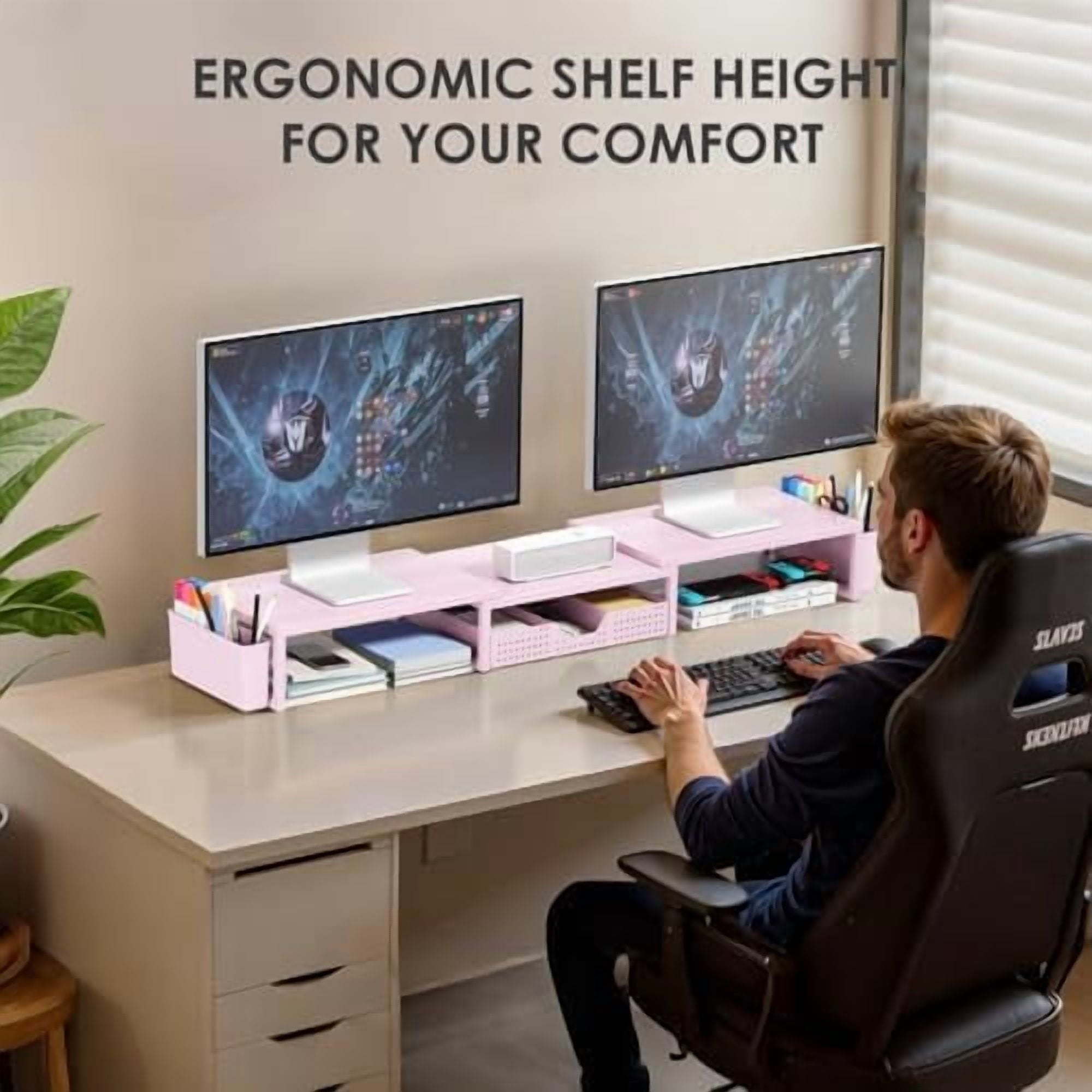 Pink Desk Organizers and Accessories for Women, Dual Computer Monitor Stand Riser with Drawer and 2 Pen Holders, Office Desk Accessories, Wo - Image 2