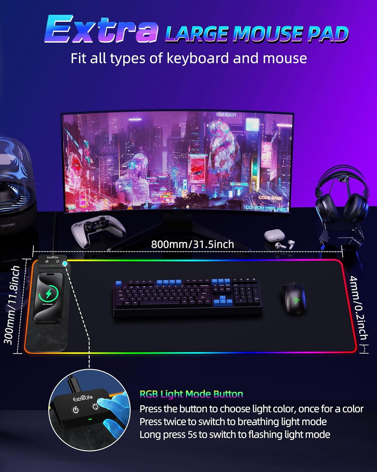 RGB Gaming Mouse Pad with Wireless Chargeing, LED Large Desk Mat, Ultra-Smooth Surface, Non-Slip Rubber Base, Waterpr... - Image 4