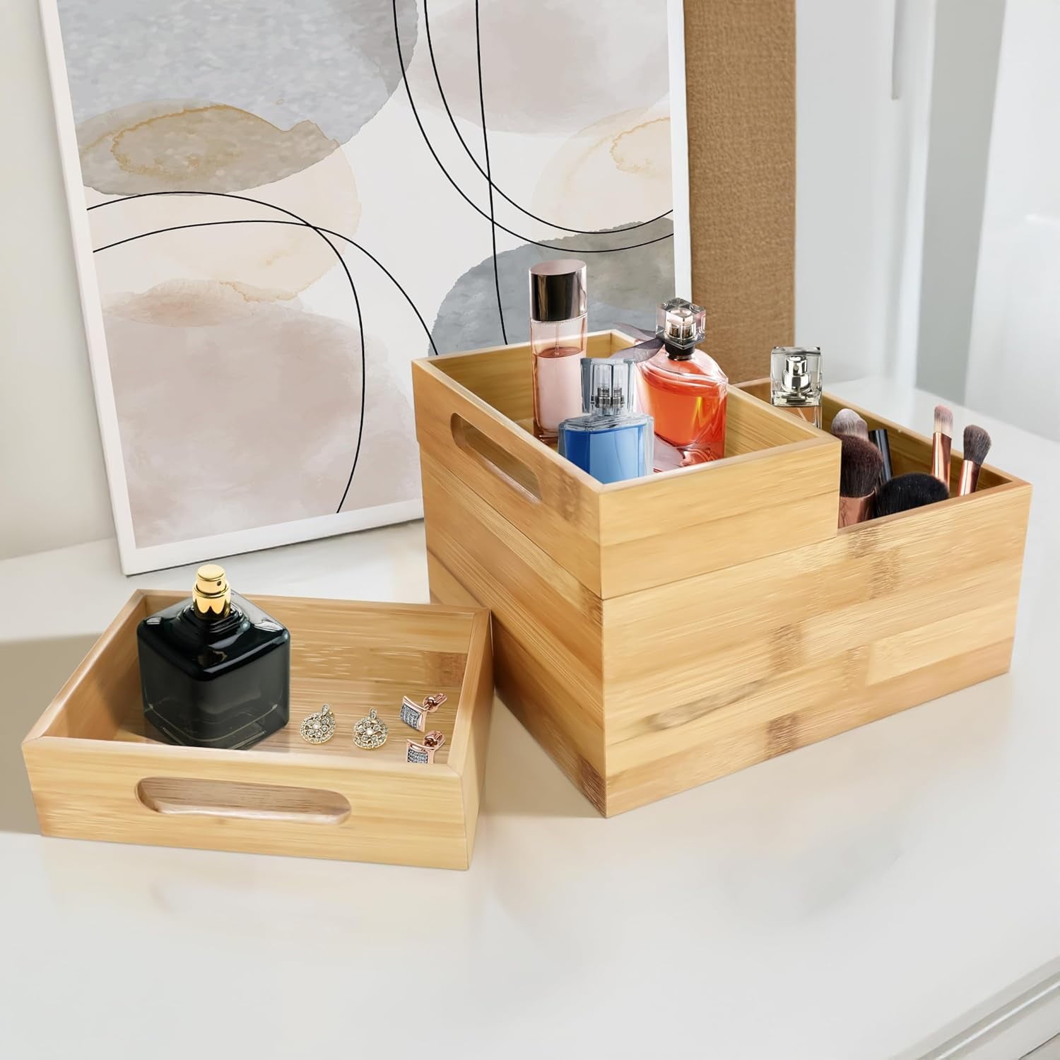 3-Piece Stackable Bamboo Storage Box, Office Desk Organizer, Wooden Boxes for Makeup Drawer Organizer Bathroom, Offic... - Image 2