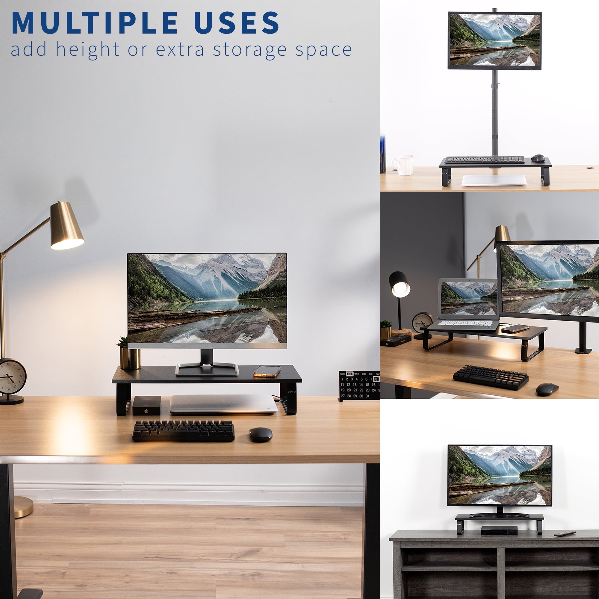 Black Wood 24" Wide Desktop Stand Ergonomic TV Monitor Riser Desk Organizer - Image 6