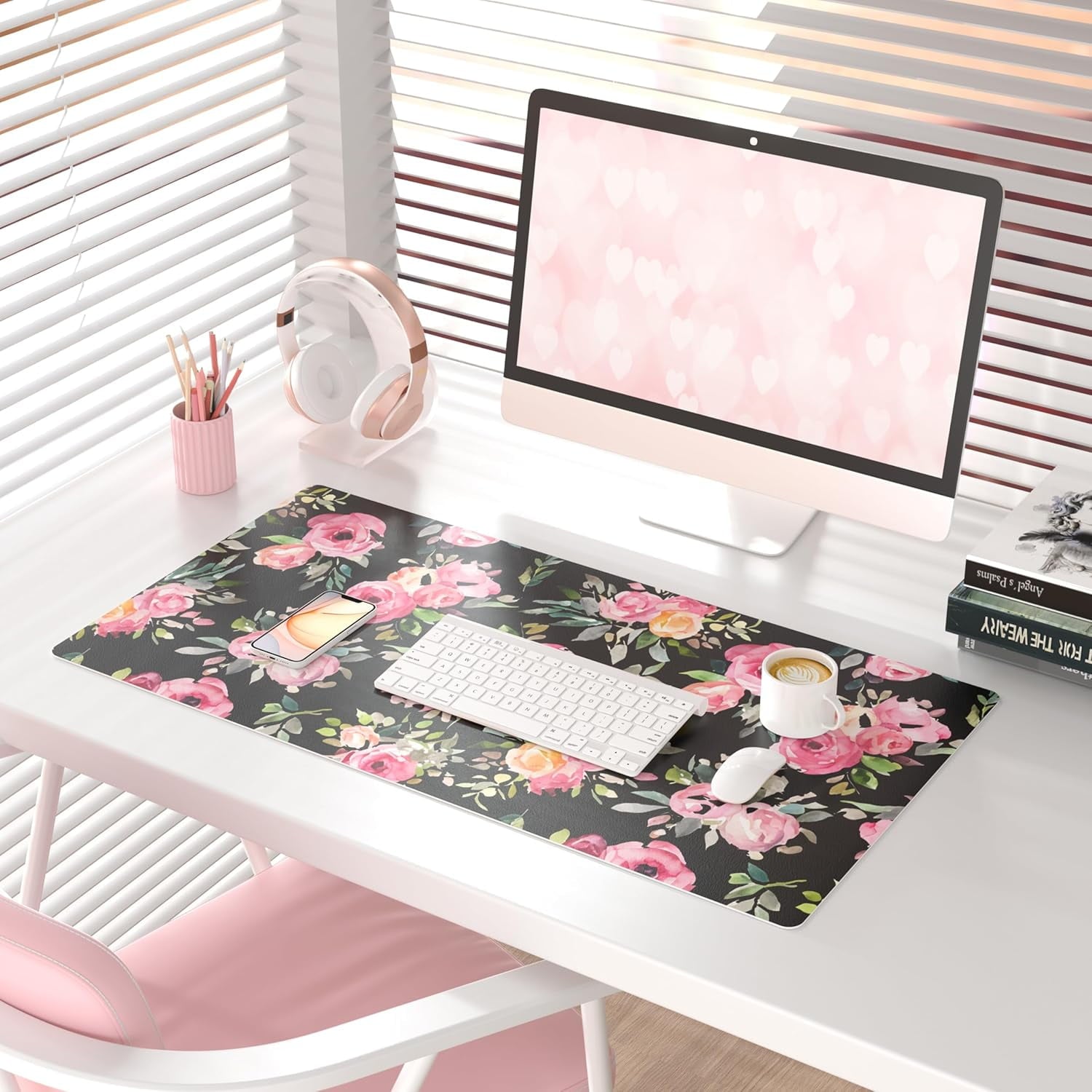 Large Mouse Pad for Desk, Cute Desk Mat for Desktop, Women Girls Pink Flowers Office Décor Desk Accessories, PU Leather Waterproof Big Gamin - Image 2