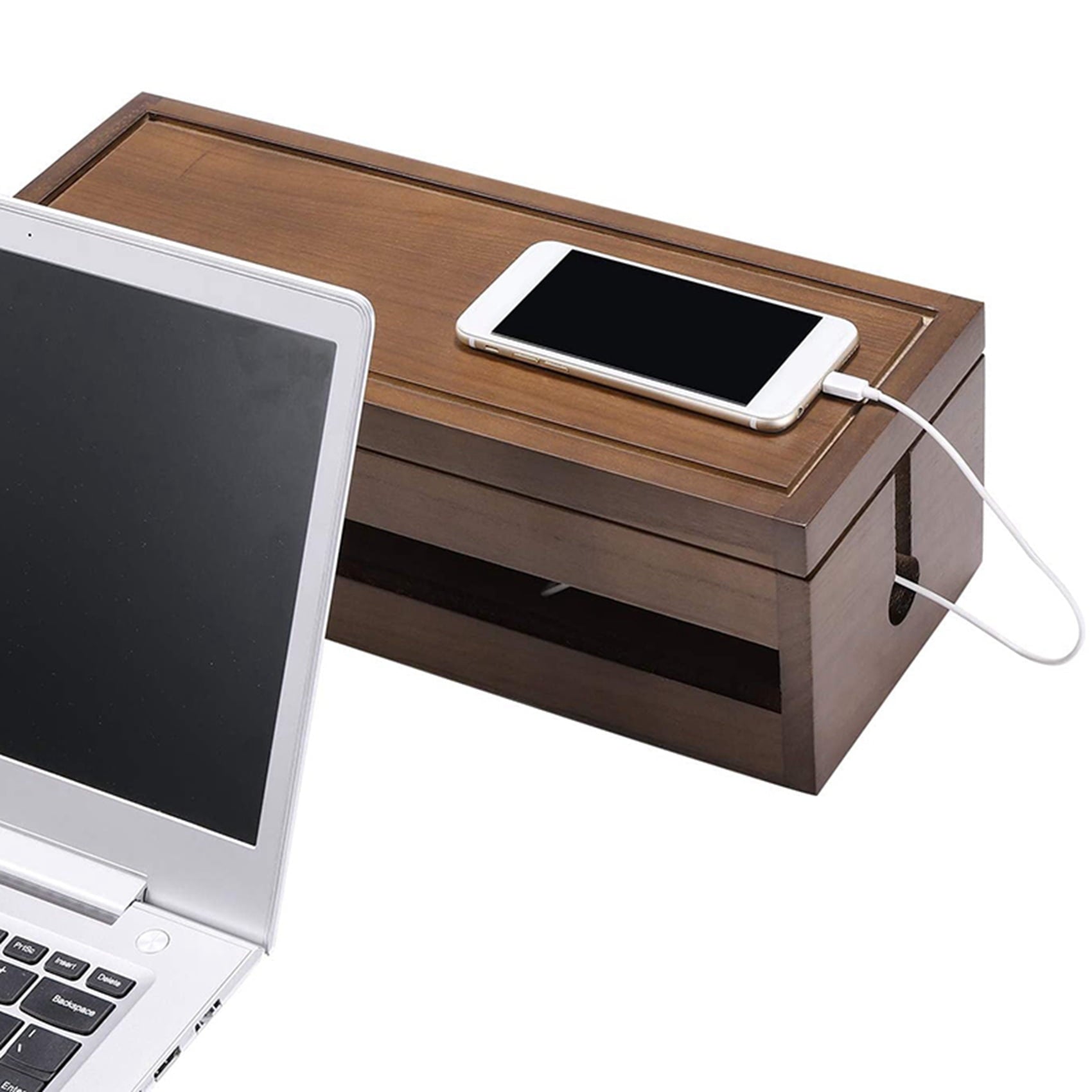 Box Wooden Cord Organizer for Extension Power Stripe Surge Protector Wire (Coffee Color) - Image 5