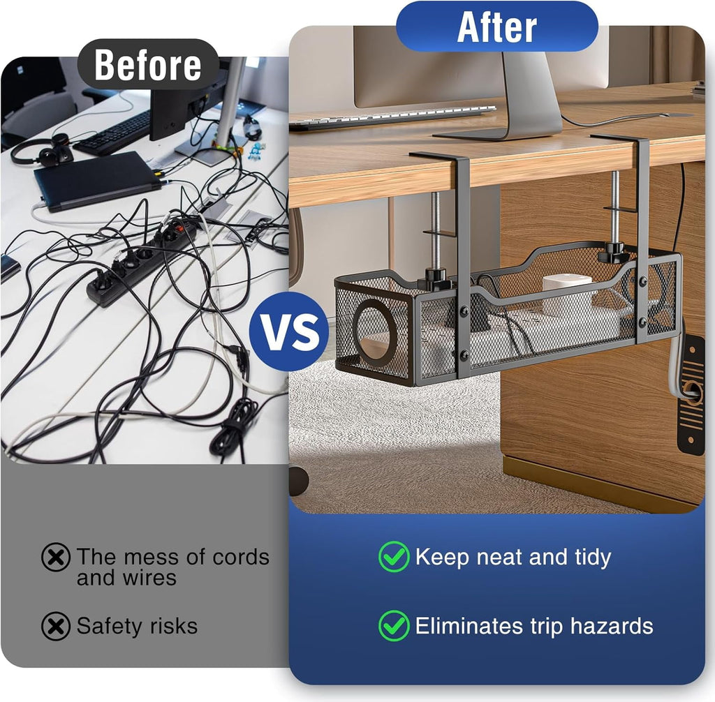 Behome Under Desk Cable Management, Metal Mesh Cord Organizer Under Desk with Clamp Mount, Metal Cable Organizer for Home Office, Black - Image 3