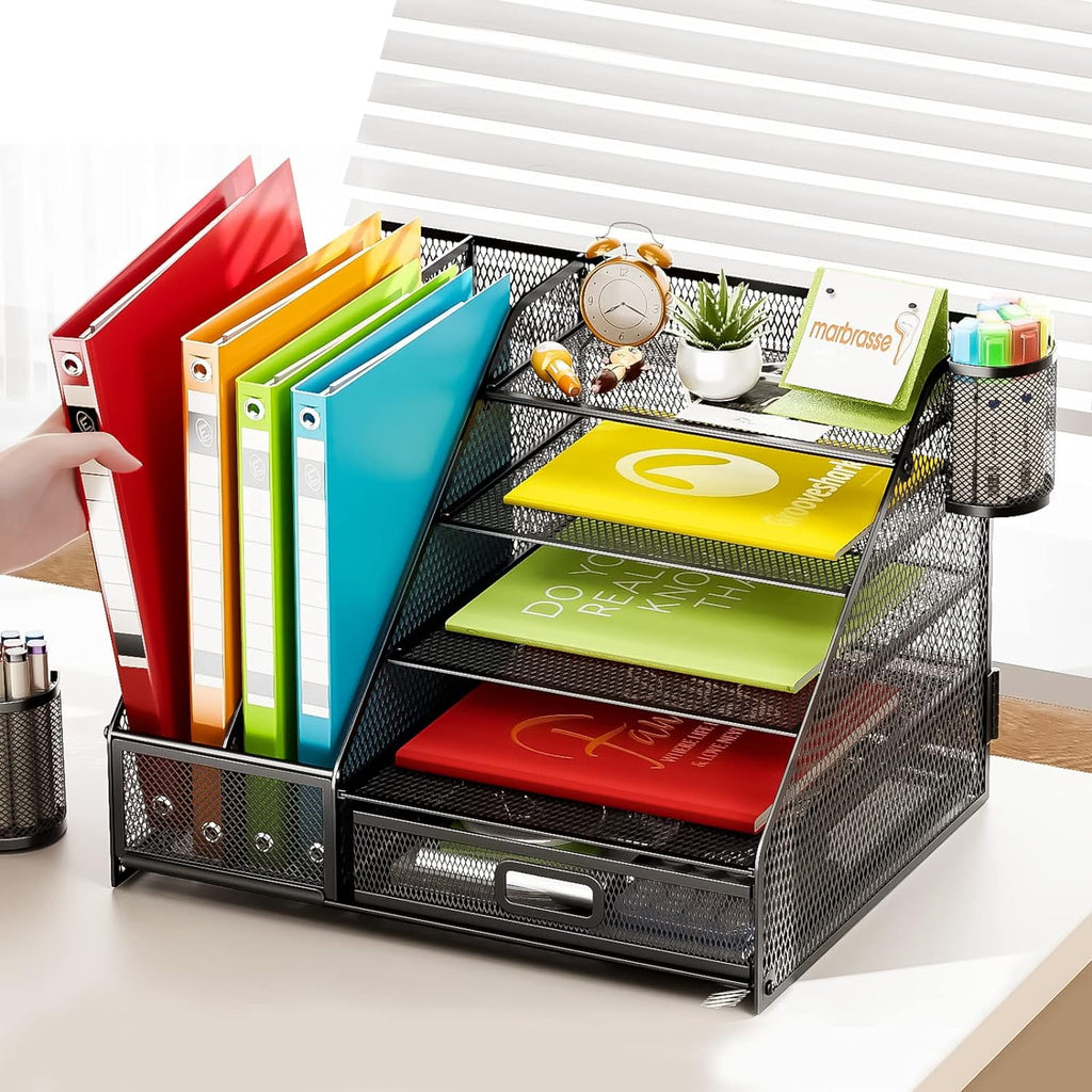 Desk Organizer with File Holder, 5-Tier Paper Letter Tray Organizer with Drawer and 2 Pen Holder, Mesh Desk Organizer... - Image 6