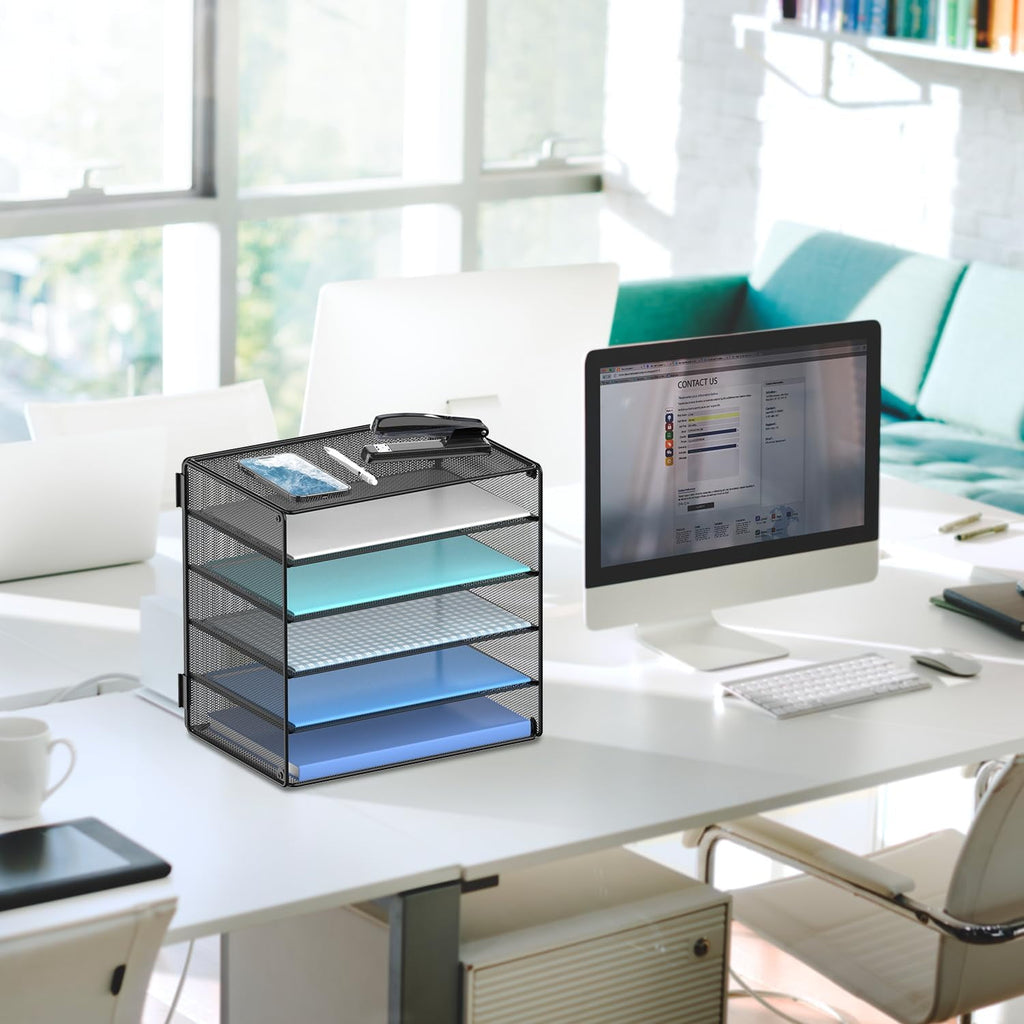 5 Tier Metal Desktop Organizer Tray, Desk Paper Organizer for Home Office, Black, 1 Pcs - Image 5