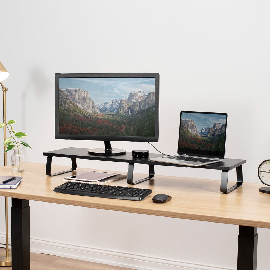 VIVO Black Wood 39" Wide Desktop Stand Ergonomic TV Monitor Riser Desk Organizer - Image 2