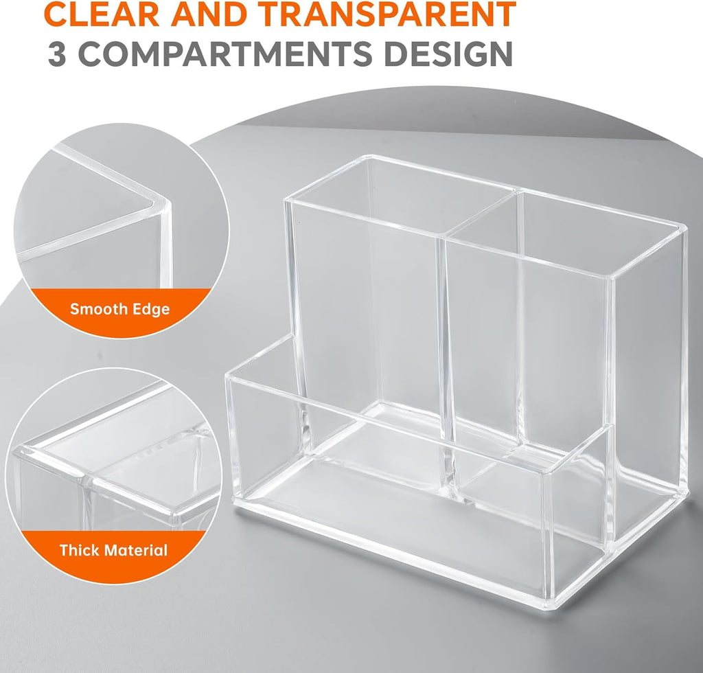 Pen Holder for Desk, Clear Acrylic Pencil Holder for Desk, Marker Holder with 3 Compartments, Pencil Organizer for Ho... - Image 3