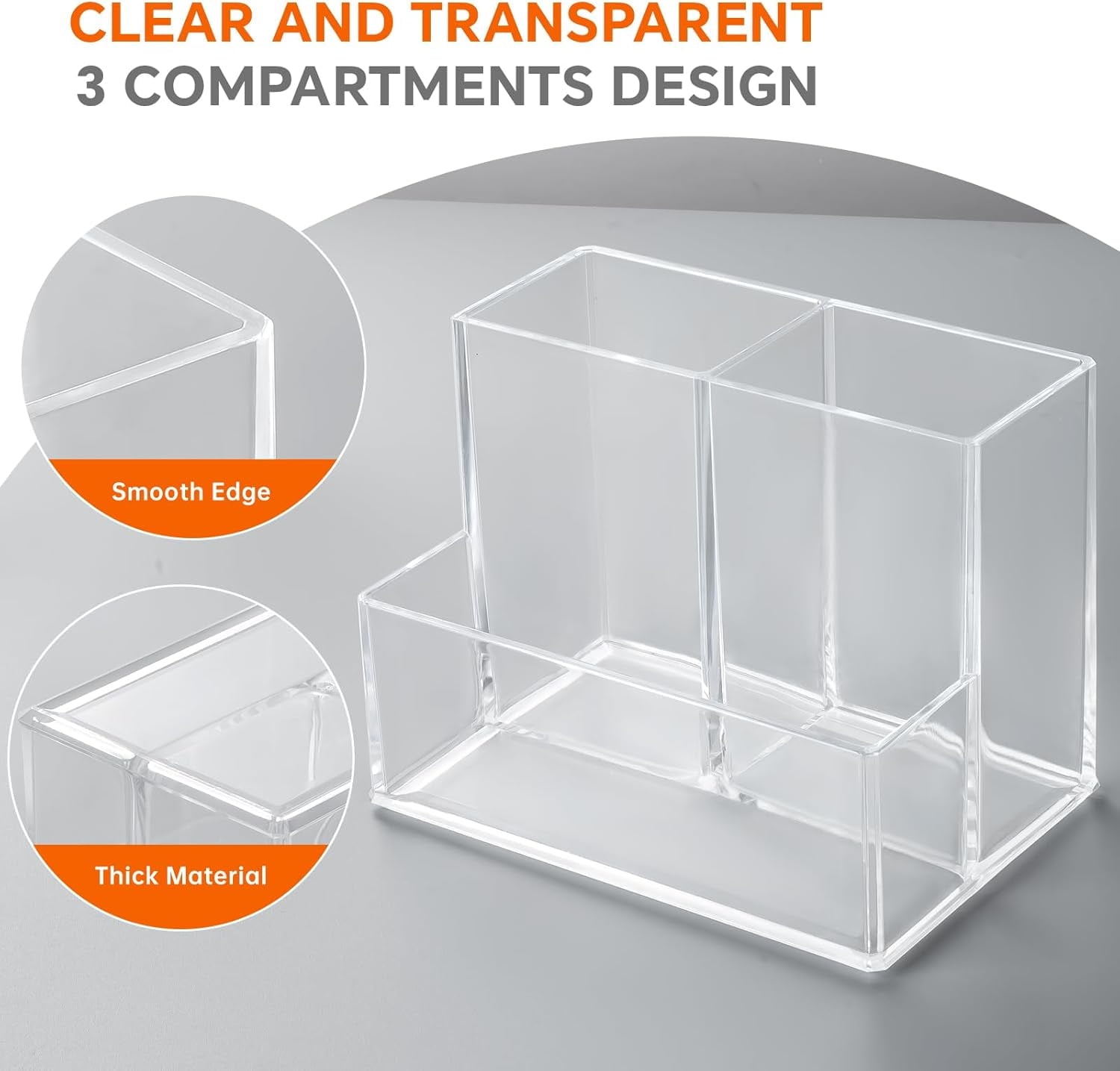 Pen Holder for Desk, Clear Acrylic Pencil Holder for Desk, Marker Holder with 3 Compartments, Pencil Organizer for Ho... - Image 3