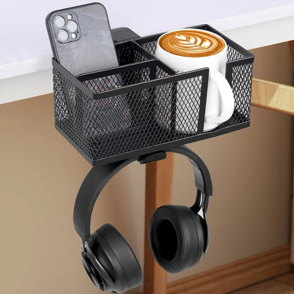 Metal Clip On Cup Holder, Black Metal Desktop Organizer, Desk Accessories Holder Clamp, No-Drill Easy Install for Cups, Bottles, Drinks, Hea - Image 2