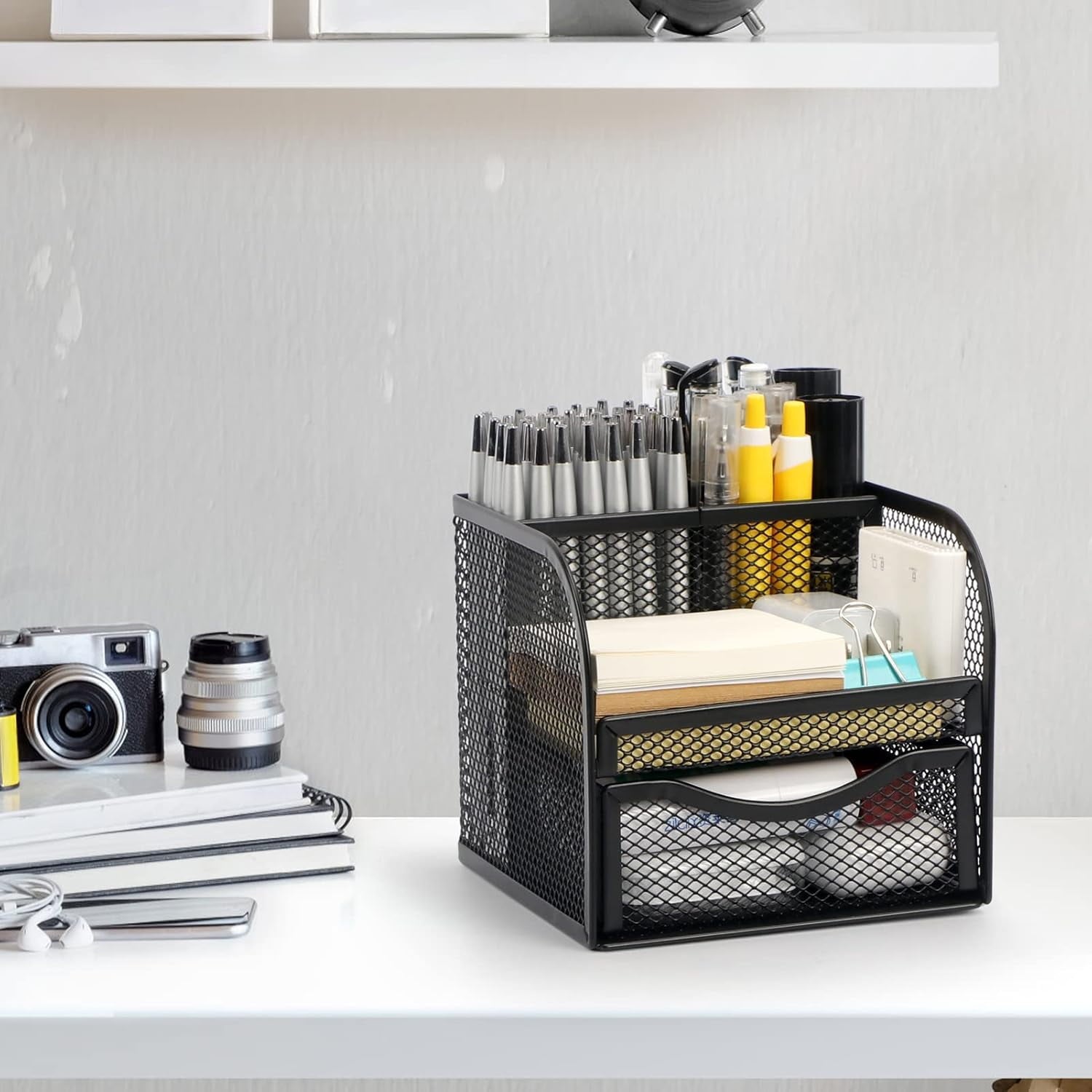 Mesh Desk Organizer with Drawer, 4 Compartments Metal Pen Holder, Black Square Desktop Storage for Office, Home - Image 2