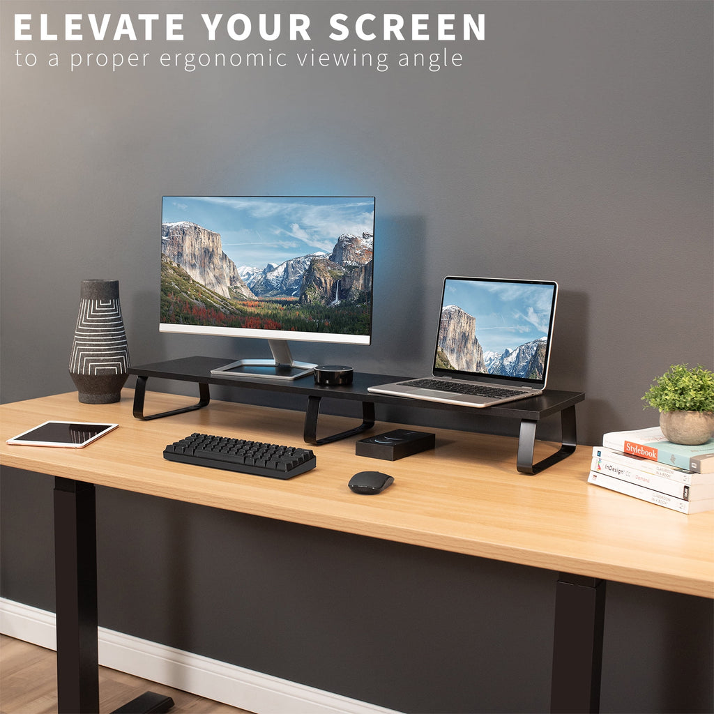 VIVO Black Wood 39" Wide Desktop Stand Ergonomic TV Monitor Riser Desk Organizer - Image 6