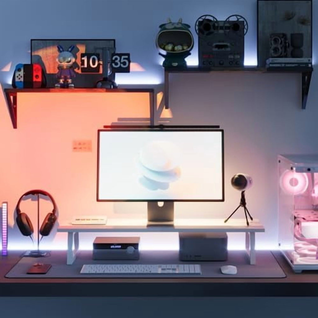 White Dual Monitor Riser - 31.5 inch Wide TV Stand for 2 Monitors - Wood & Steel Desktop Riser for Dual Screen Office Desk Organization - Image 6
