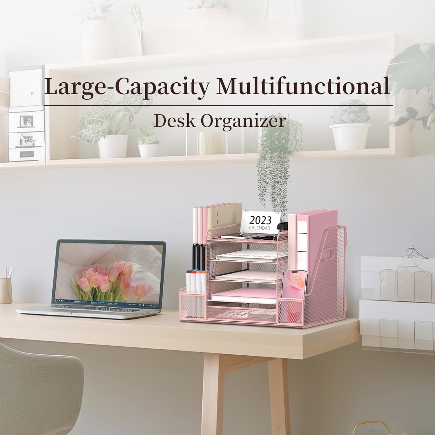5-Tier Metal Mesh Desk Document Organizer with File Holder, Pen Holder and Drawer, Pink - Image 6