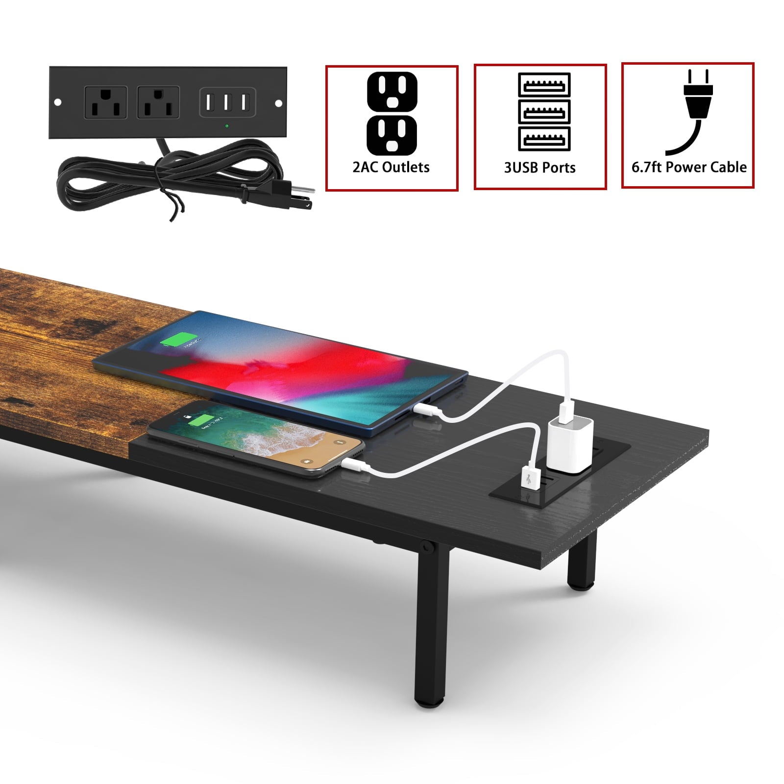 Dual Monitor Stand Riser with Charging Station, 37.55 Inch Wide Monitor Shelf with USB Ports for Computer, TV, Laptop - Image 3