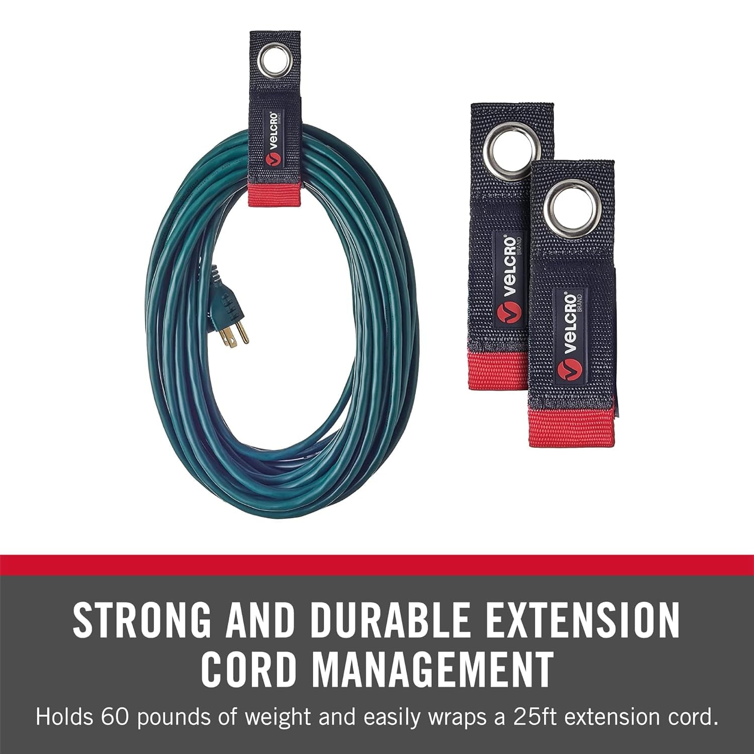 VELCRO Brand EASY HANG Extension Cord Organizer, 2pk Black Heavy Duty Nylon & Polyethylene Straps for Bulk Storage, Small 10 in Wall Hang, H - Image 2