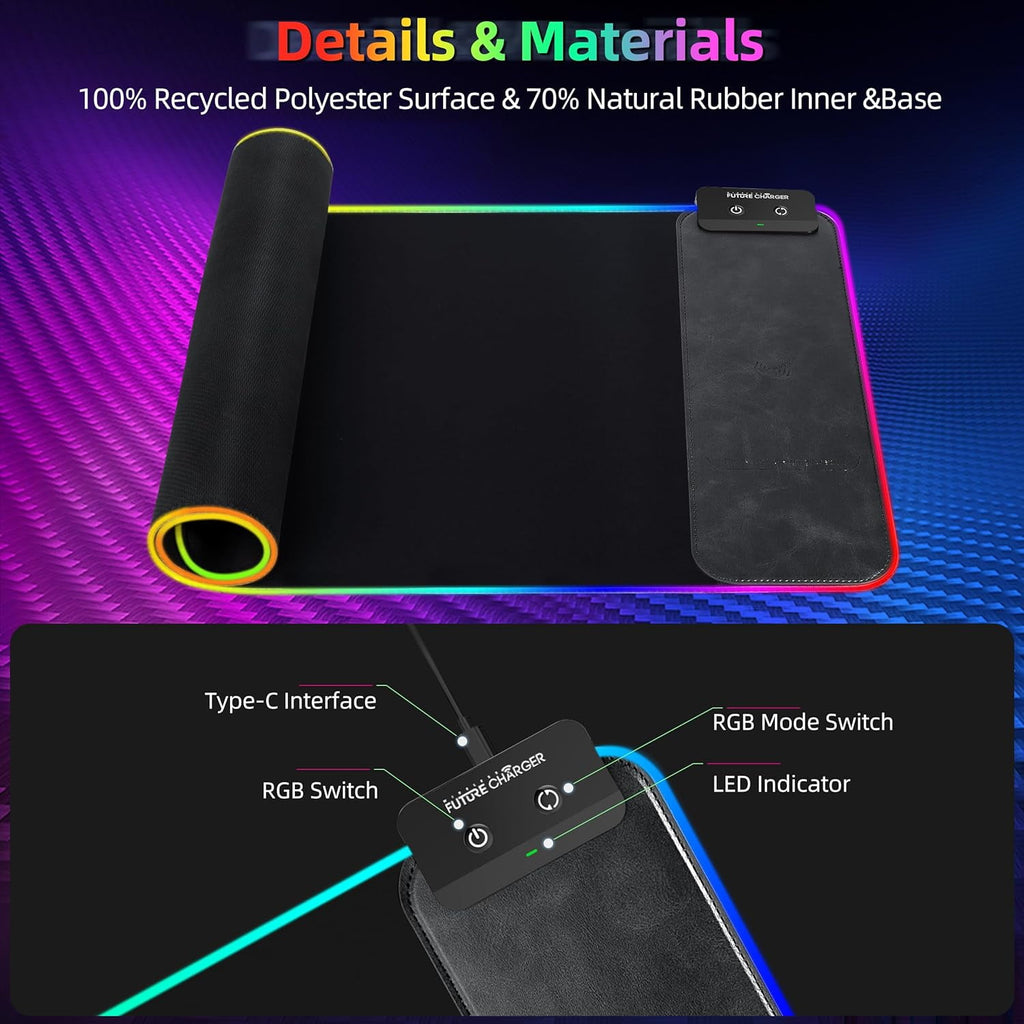 Mouse Pad with Wireless Charging, 15W RGB Gaming Mousepad with 9 Light, LED Large Desk Mat with Waterproof Non-Slip R... - Image 5