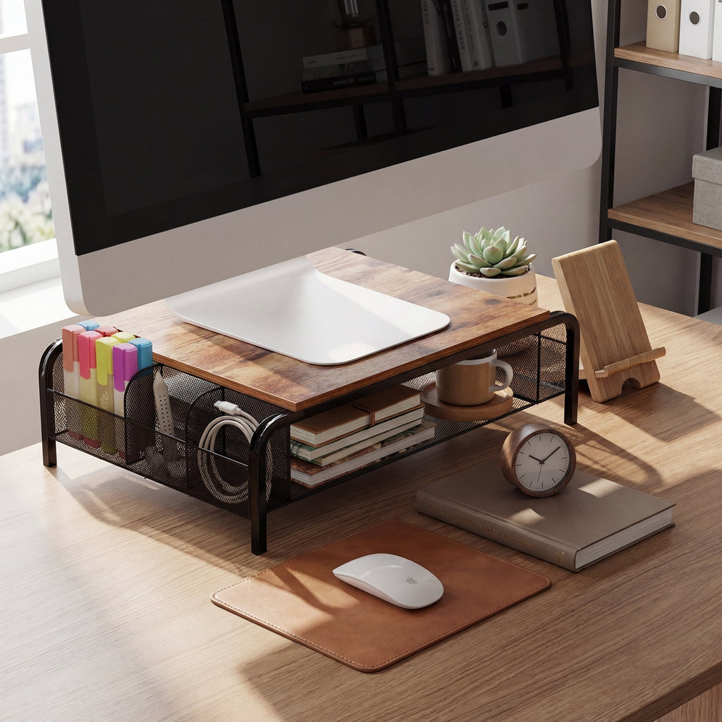 16.85" Metal Monitor Stand Riser with Drawer - Black Rustic Desktop Organizer for Computer, Laptop, Printer - Image 6