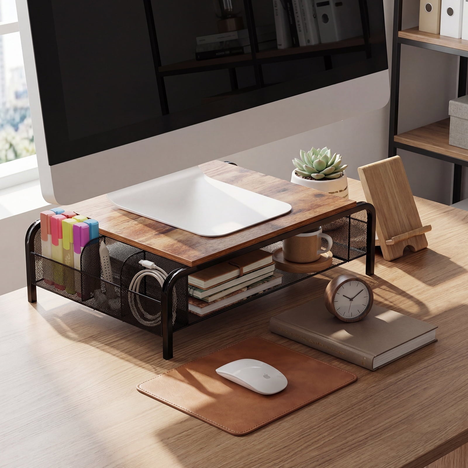 16.85" Metal Monitor Stand Riser with Drawer - Black Rustic Desktop Organizer for Computer, Laptop, Printer - Image 6
