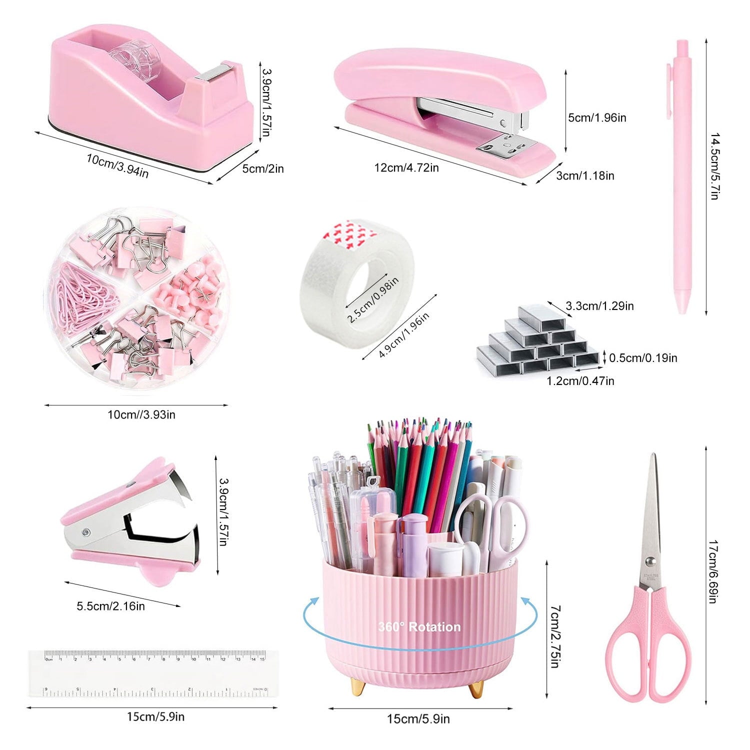 Desk Organizers and Accessories, 10 Pcs Set with 360-Degree Rotating Pen Holder, Tape Dispenser, Stapler, Staple Remover, 1000 Staples, Tape - Image 2