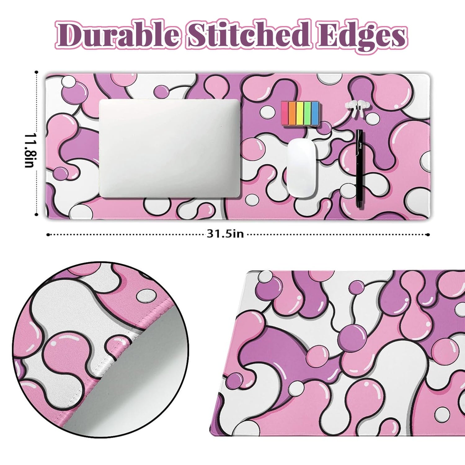 Large Mouse Pad, Pink Purple Fluid Desk Mat XL Extended 80x30cm for Keyboard and Computer, Non-Slip Rubber Base Stitc... - Image 3