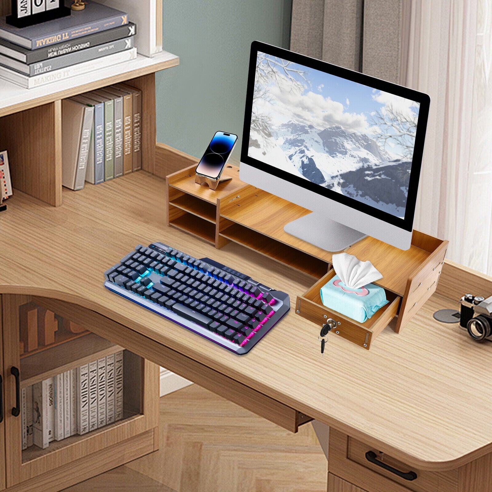 Riser Computer Desk Storage Shelf Organizer Holder Drawer - Image 3