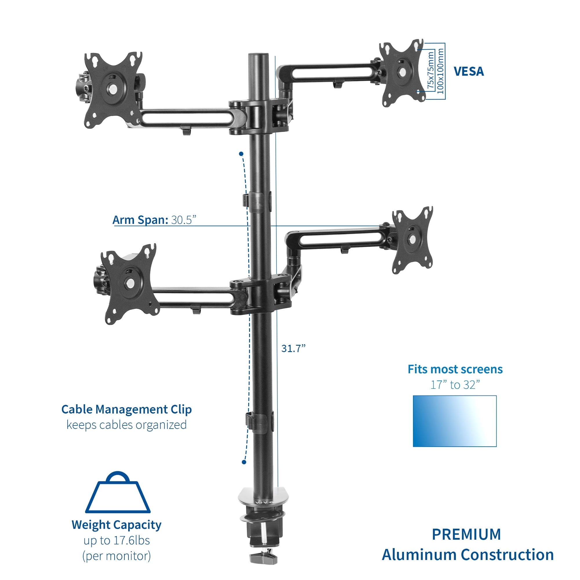 Quad LCD Monitor Fully Adjustable Desk Mount Stand | For 4 Screens 17" to 32" - Image 2