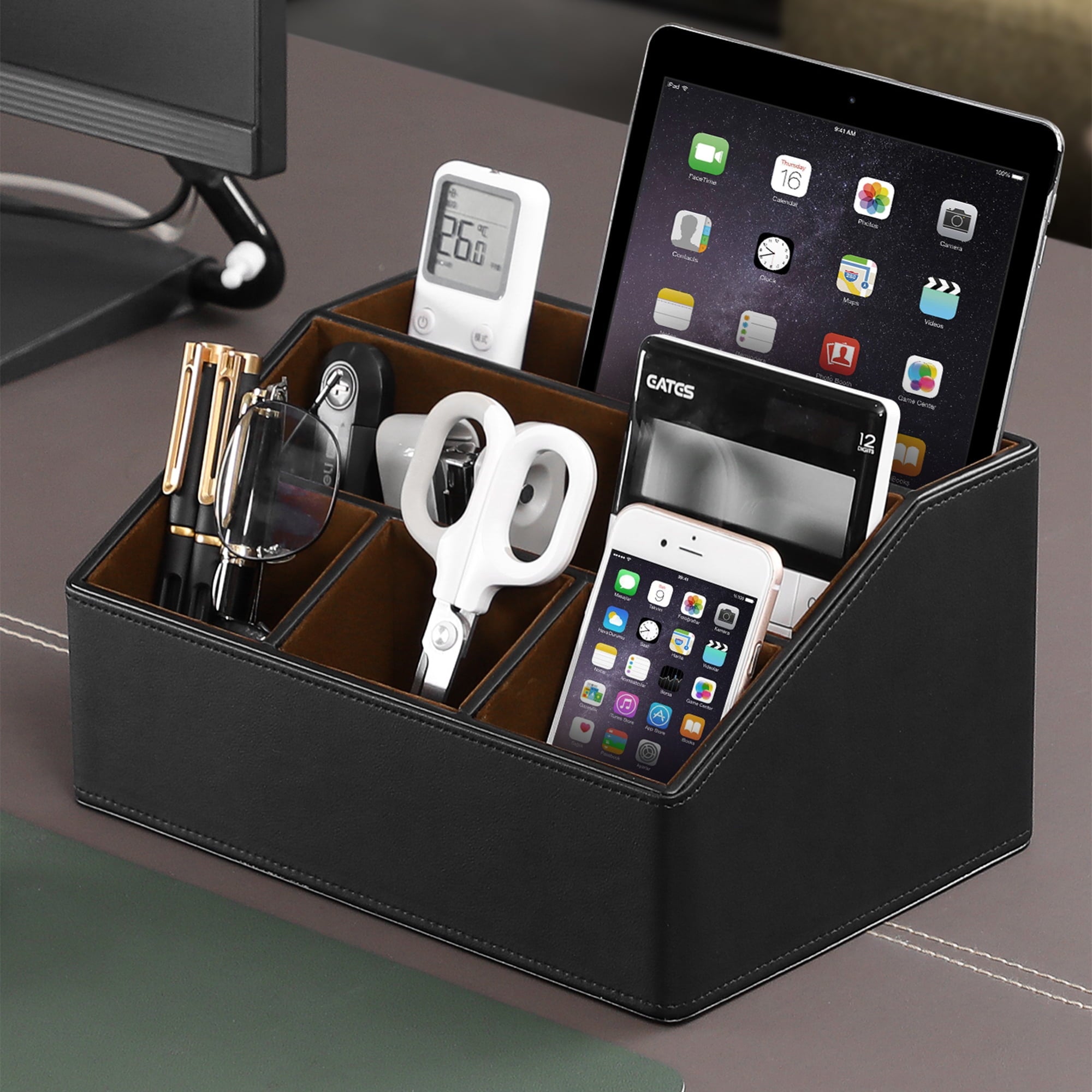 MEIBOOCH PU Leather Desk Organizer, Luxury Remote Control Holder for Home, Office Desk Accessories Table Caddy Bedside Nightstand Organizer - Image 3